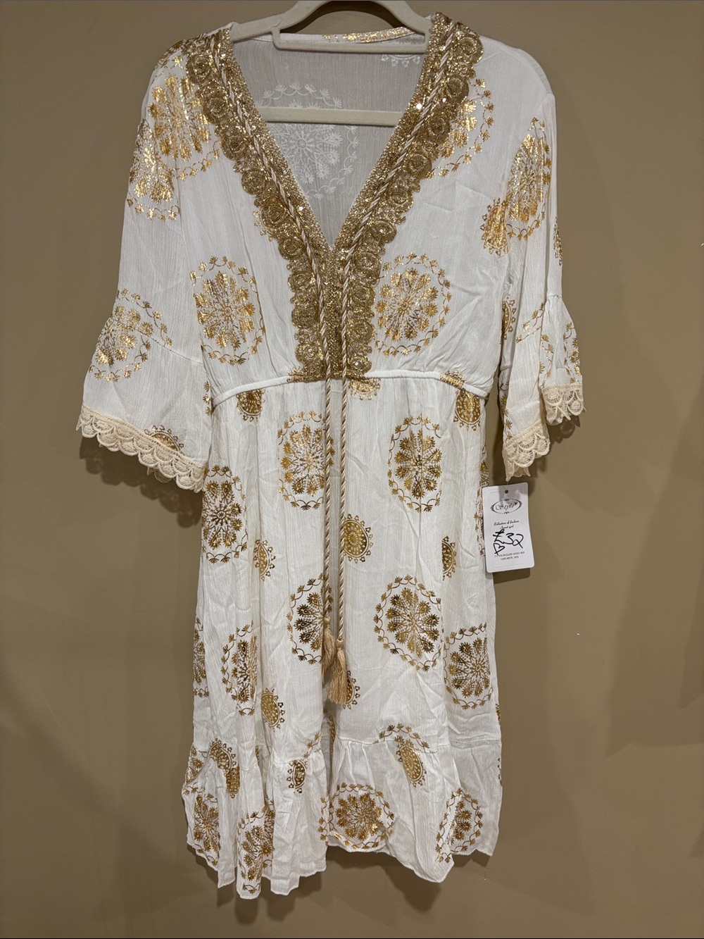 NWT bohemian white and gold sequin embroidered dress with tassels